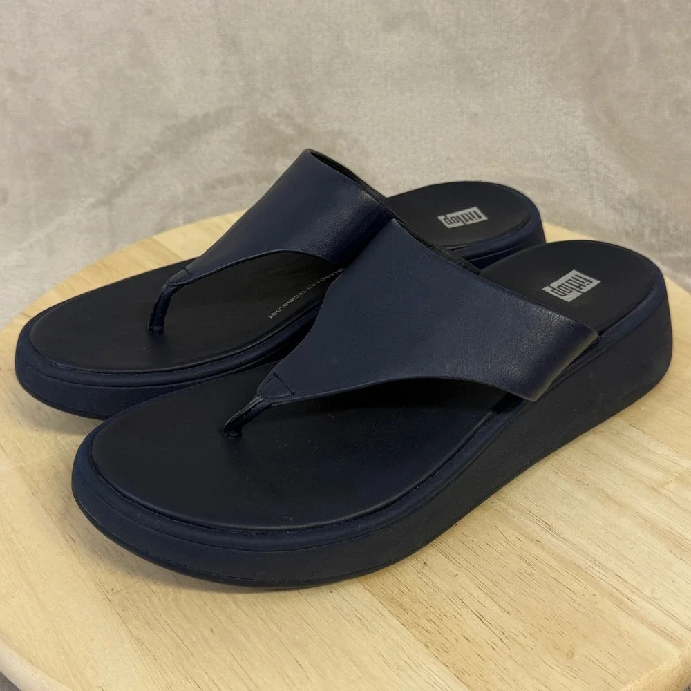 FitFlop Lulu Navy Leather Wedge Sandals Thong Platform FW4-399 Womens 9